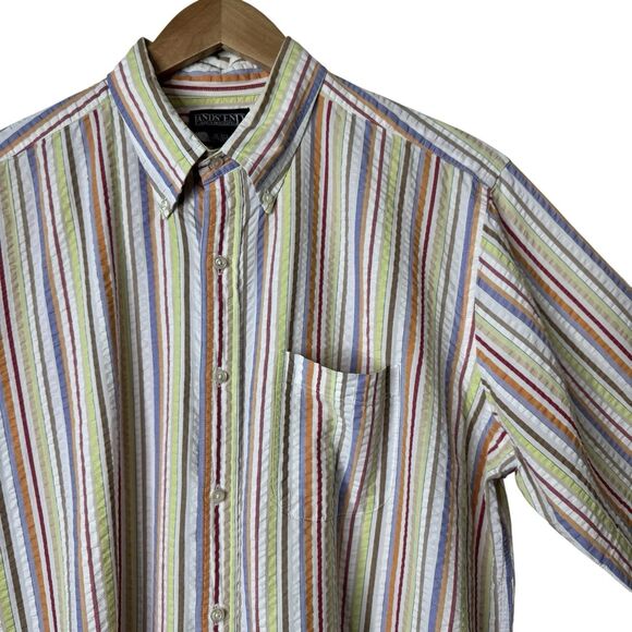 Vintage Lands End Mens XL 17-17.5 Colorful Striped Seersucker Button Down Shirt - Picture 6 of 9